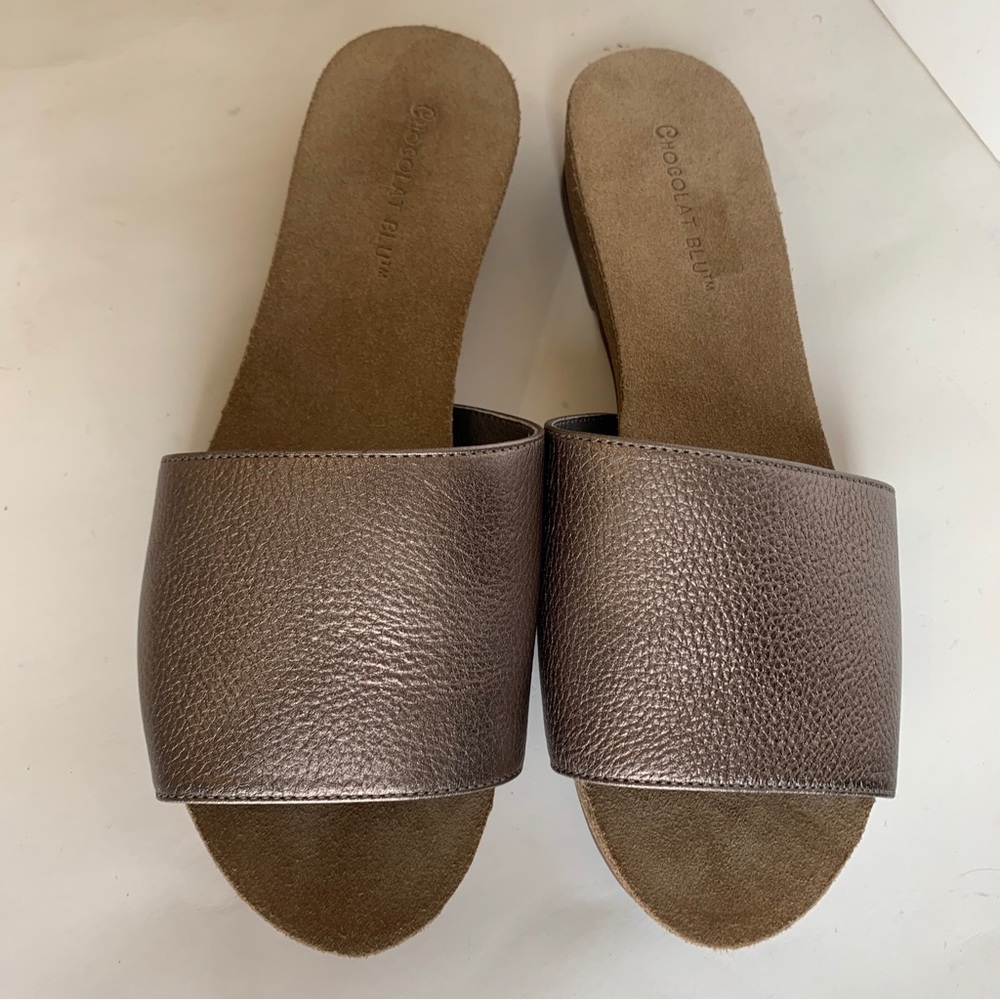 Chocolat Blu Size 6 Leather Slides Womens Slip On Metallic Gray Flats VIVBCA
